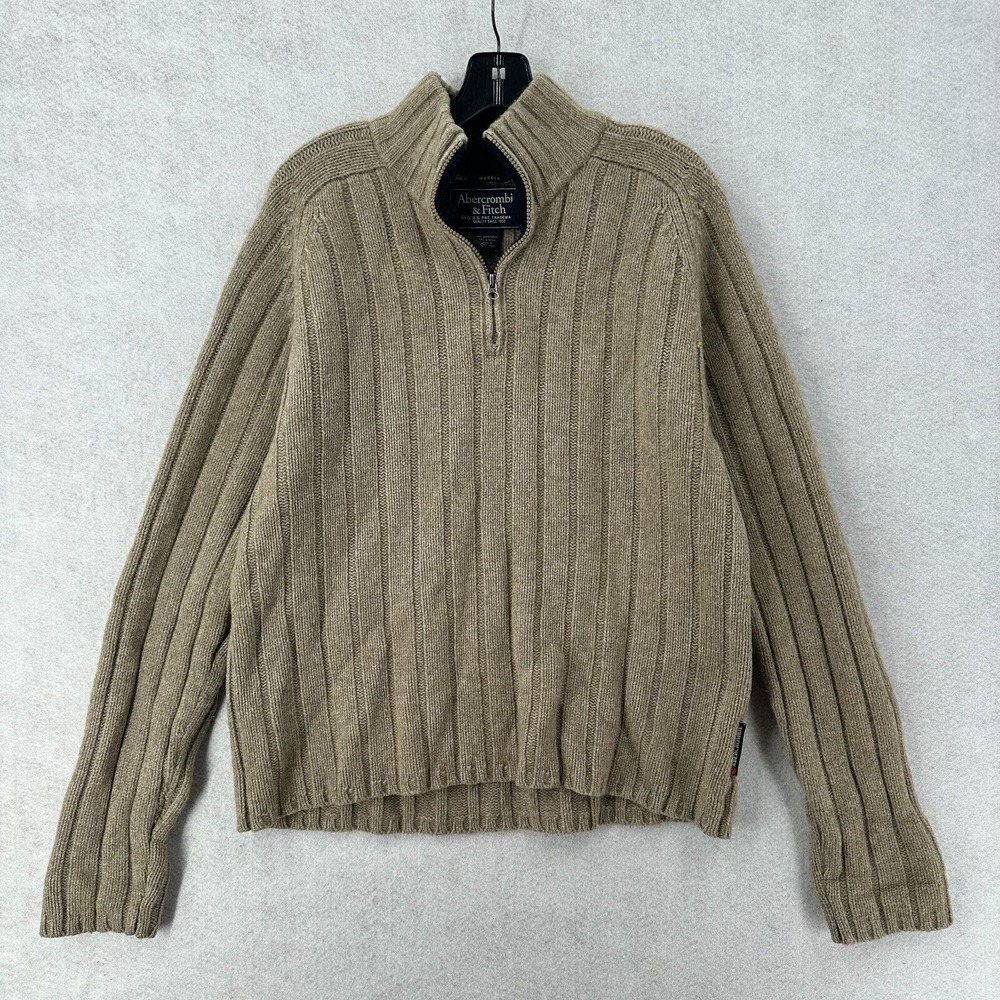 Abercrombie‎ & Fitch Sweater Mens XL Beige Lambswool 1/4 Zip Chunky Knit